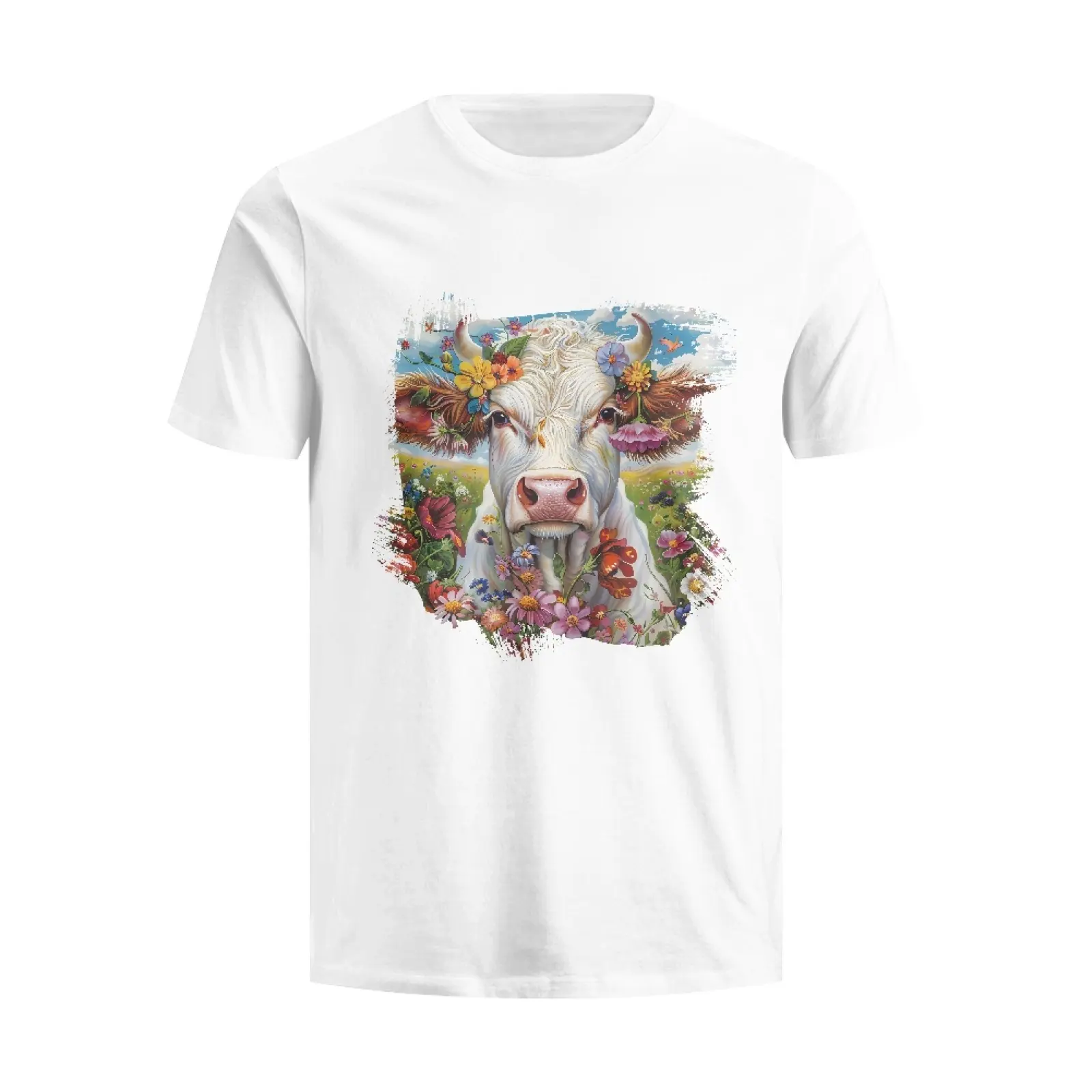 Original pintura al óleo vaca flores impresas Algodón puro hombres mujeres camisetas Drop Shipping personalizado gráfico camiseta