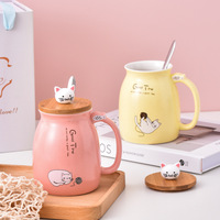 Mug en céramique chat mignon avec couvercle, cuillère et poignée, grande capacité 420 ml, compatible lave-vaisselle et micro-ondes, pour la rentrée scolaire, café/lait, logo personnalisé