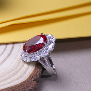 Bague en argent 999 plaqué or 14 carats, motif fleur, tendance, pour femme chrétienne, sertie de zircone cubique rouge ovale 12x16mm, style hip-hop glacé - Product Image 5