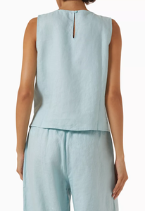 Completo Estivo Casual da Donna in Due Pezzi, Top <span class=keywords><strong>Blu</strong></span> in <span class=keywords><strong>Lino</strong></span> a Collo Tondo e <span class=keywords><strong>Pantaloni</strong></span> Larghi in <span class=keywords><strong>Lino</strong></span>, Set 2 Pezzi - Product Image 2