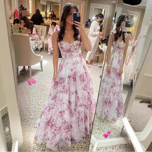 Vestido de Noche de Organza con Estampado Floral y Hombros Descubiertos, Cintura Imperio, Capa Transparente, Vestido Largo, Moda Femenina - Product Image 4