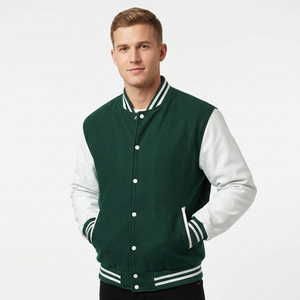Freandy Sports Men's Green White <b>Sleeve</b> Varsity Jacket Preppy Style Button Front Regular Fit Autumn Wear Winter Casual Wear - Product Image 1