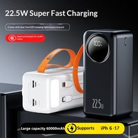Batterie externe multifonction portable 60000 mAh PD 22,5 W à charge rapide avec affichage numérique, 2 câbles et lampe torche