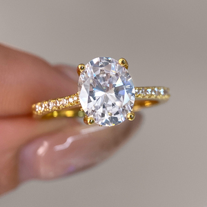 <b>Blush</b> Pink Oval Cut Cubic Zirconia Ring Brass 18K White Gold Plated Solitaire Pave Band Engagement Promise Ring for Women Bulk - Product Image 2