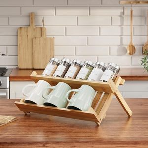 Étagère à épices en bois à 2 niveaux, rangement de bureau pour comptoir de cuisine, organisateur d'assaisonnements, couleur naturelle, couvercle en métal - Product Image 4