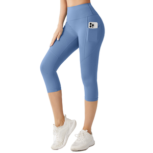 Wholesale 2025 Custom Logo Breathable High Waisted Capri <b>Leggings</b> - Buttery Soft Gym Fitness <b>Leggings</b> <b>with</b> Side <b>Pockets</b> - Product Image 2