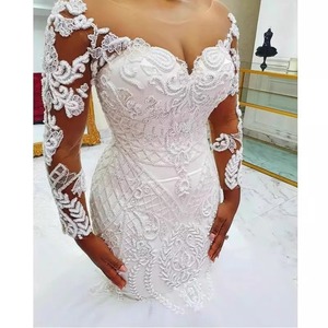 Matopeda Mermaid Wedding Dress White Embroidered Lace Off Shoulder Long Train Vintage Style Bridal Gown - Product Image 2