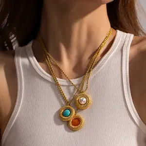 2023 Turquoise Winding Circle 18k Gold Plated Stainless Steel Cat Eye Stone Vortex Pendant Necklace For Women