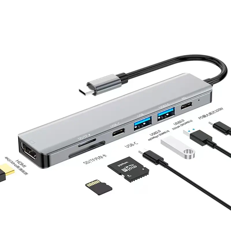 7 En 1 universal laptop USB C cargador Hub estaciones de acoplamiento tipo C adaptador divisor a HDMI SD TF USB3.0 2,0 PD para MacBook Pro