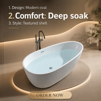 Baignoire autoportante en acrylique de qualité hôtelière, à bords fins, en forme d'œuf, avec design sans joint et motif rayé