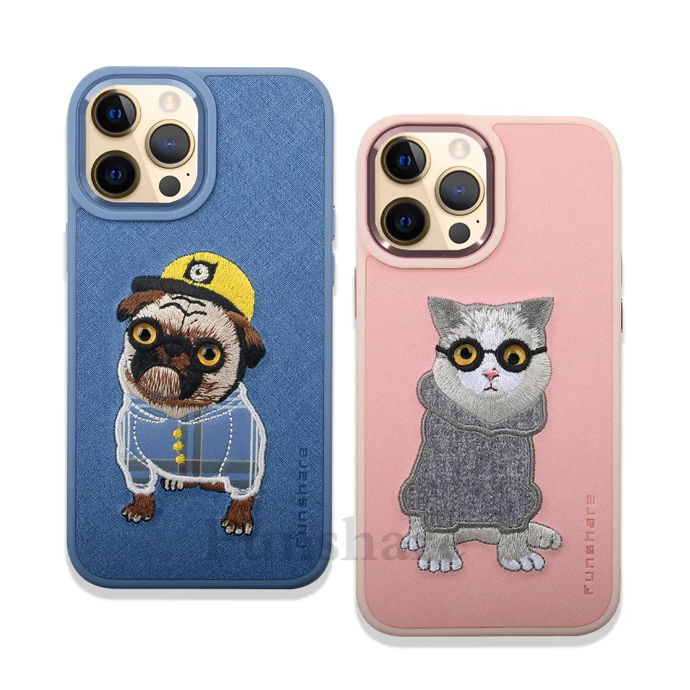 Customized embroidery desgin cute pet series TPU+PU leather mobile phone case for iPhone 13 iPhone 13 Pro Max