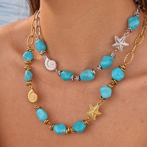 Collar de Cuentas de Turquesa Agrietada <span class=keywords><strong>Irregular</strong></span> Estilo Bohemio Vintage con Estrella de Mar y Concha, Joyería Impermeable de Acero Inoxidable para Vacaciones <span class=keywords><strong>en</strong></span> el Océano - Product Image 1