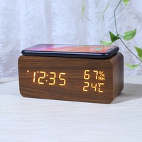 Thermomètre numérique LED en bois électronique créatif à commande vocale, avec charge sans fil intelligente et fonction phosphorescente, pour chambre et bureau