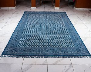 Tapis Kilim en coton bleu indigo tissé à la main, imprimé en bloc, tissage plat, style bohème, pour sol, 5x8 6x9 8x10 9x12 - Product Image 1