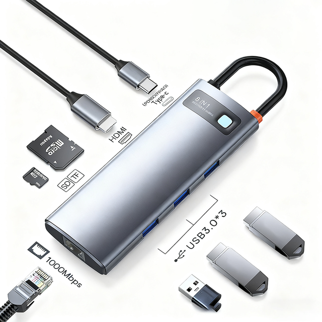 High Quality 100W Type-C to PD 4K for + USB3.0*3 + RJ45 + SD/TF Aluminium Alloy Multiport USB Hub for Laptop