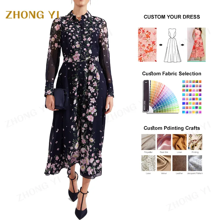 Vestido de chiffon floral vintage personalizado de manga comprida para mulheres, vestido folgado e elegante com estampa gráfica casual maxi, vestido fluido para mulheres