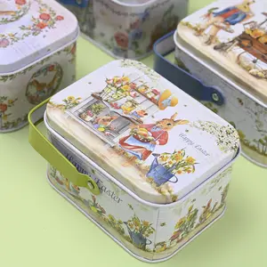 Easter Decoration 2024 Portable Mini Easter Day Rabbit Bunny Egg Box Gifts Square Metal Tin Candy Box Canister For Kids