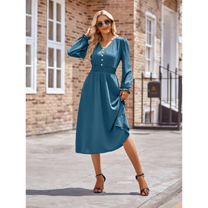 Di alta qualità nuovo autunno donna donna manica lunga <span class=keywords><strong>elegante</strong></span> chemise moda Casual tinta unita abiti Midi - Product Image 3