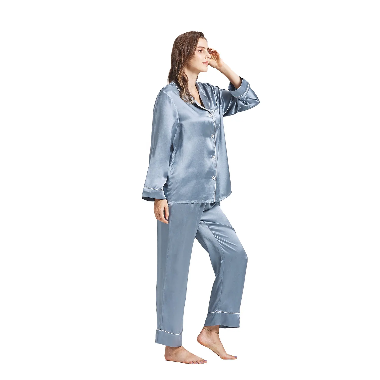 2022 Neuheiten 22MM Beliebte benutzer definierte Größe Luxus lange Seiden pyjamas Set Misty Blue Silk Nachtwäsche Bio-Seiden pyjamas Frauen