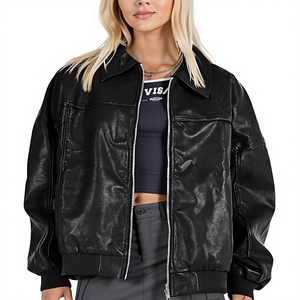Blouson bomber en cuir PU pour femme, manches longues, col rabattu, fermeture éclair, couleur unie, style automne - Product Image 1