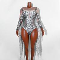 Glitzernder Silberner Strass-Fransen-Bodysuit für Schönheitswettbewerbe, Geburtstagsfeiern, Prominente, Sänger, Drag Queens, Divas, Bühnenkostüm, Leotard