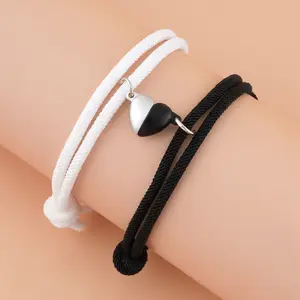 Bracelet magnétique en tissu tissé, Simple, en forme de cœur, noir et blanc, longueur réglable, pour Couple, petite amie, tendance, 1 pièce