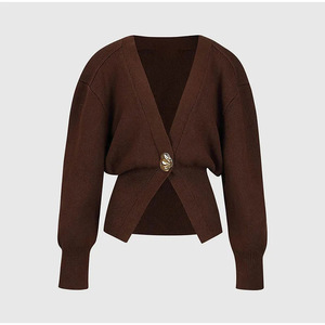 V-Neck Waist Solid Color Single Button Women's Knit <b>Cardigan</b> <b>Sweater</b> Fashion - Product Image 5