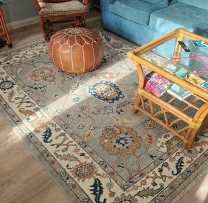 Tapis en laine Oushak de style traditionnel, motif floral persan bleu, réversible, pour salon - Product Image 1