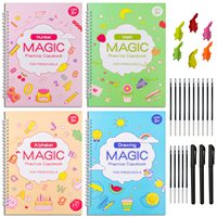 Carnet de pratique magique réutilisable pour enfants, grand format, 4 pièces/ensemble, avec rainures d'écriture et stylo inclus