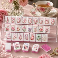 Juego de Mahjong Americano con Bordes Brillantes Rosados, Diseño Floral Moderno, Fichas de Acrílico de Lujo con Rosas y Tulipanes para Entretenimiento