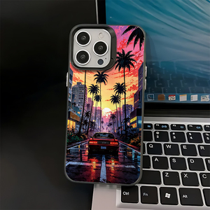 Custodia per iPhone 17/16/15/14 Pro Max in TPU con verniciatura UV, anti-impronta, antiurto, con design auto da corsa retrò Vaporwave <span class=keywords><strong>Miami</strong></span> Sunset e protezione lente - Product Image 4