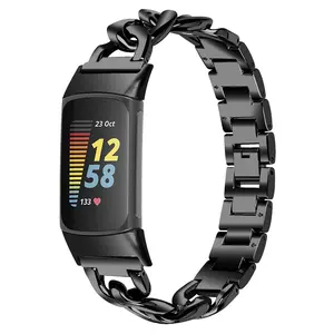 牛仔风格链条不锈钢表带Fitbit Charge 5健身手表智能手链