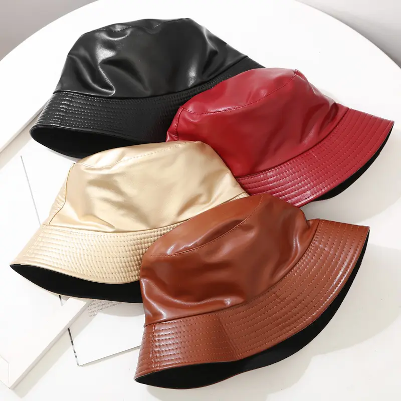 HF adult plain solid color reversible PU leather bucket hat for women