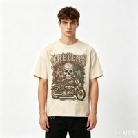 Kaos Kornit DTG Custom Heavyweight dengan Cetakan Semprotan Kotor, Noda Lokal, Tengkorak, Motor, Rhinestone, Streetwear, Pabrik OEM