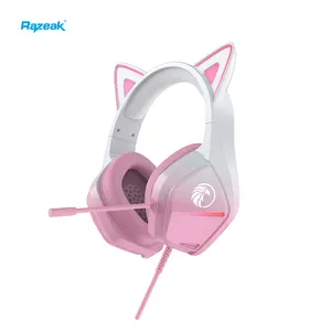 Original Razeak Christmas Gift OEM Cute Cat Ears Over-Ear Wired RGB LED Light Gaming Headset for Boys Girls Student Kids