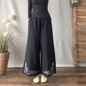 Loose Retro Chinese Style Elastic Waist Cotton Linen Pants With Embroidery Wide Legs For Women - Product Image 3