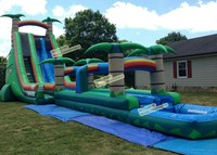 Toboggan aquatique gonflable commercial en PVC à double chute d'eau en forme de dauphin et château gonflable pour adultes et enfants 14x4x6m avec arche