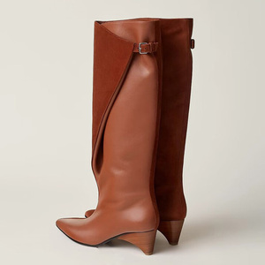 Women Custom Low Spike Heels Long <b>Boots</b> Pointy Toe Knee High Booties on Stiletto Dress Suede Leather Patchwork Shoes - Product Image 3