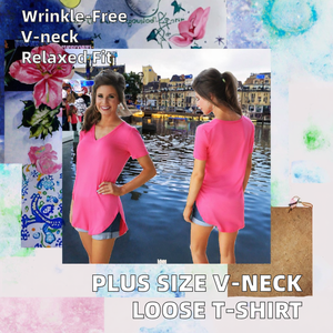 Camiseta de Mujer con Cuello en V Personalizable, Holgada, de Manga Corta, Estampada, Talla Grande, Informal, de Verano, Tejido de Punto, Antiarrugas - Product Image 3