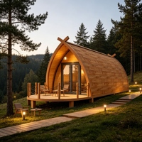 Casa Contenedor Modular con Techo Curvo, Aislamiento Acústico, Textura de Madera, Cabaña Prefabricada para Resort Rural, Glamping y Turismo