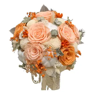 AYOYO 로맨틱 오렌지 영원한 장미 결혼식 신부 들러리 보존 된 식물상을위한 손 꽃다발