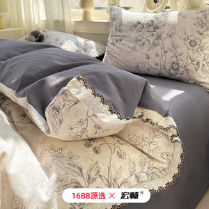 Thickened Brushed Cotton Four Piece <b>Bedding</b> Set 100% Pure Cotton Floral Print Duvet Cover Warm Bed Sheet Autumn Winter Use - Product Image 2