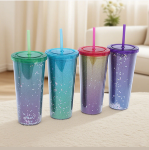 2026 Luxury Iridescent Sequin Glitter Straw <b>Cup</b> Wholesale Custom Logo Double Wall <b>Reusable</b> Plastic Tumbler Holographic Water Bot - Product Image 4