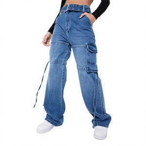 New Fashion Best Quality Denim Cargo Pants for Women High <b>Elastic</b> <b>Waist</b> Regular Fit OEM Services Custom Logo Print - Product Image 1