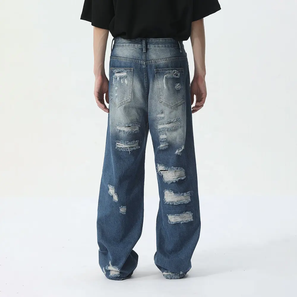 Gdtex hip hop tùy chỉnh thiết kế thời trang dạo phố baggy đau khổ thẳng phù hợp với quần jean lỏng người đàn ông
