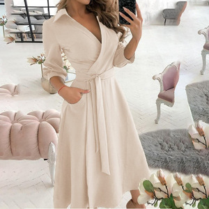 Nuovo Abito da Donna alla Moda <span class=keywords><strong>con</strong></span> Maniche Lunghe, Scollo a V, Stampa e Vestibilità Aderente, Abito Camicia <span class=keywords><strong>con</strong></span> Risvolto di Alta Qualità - Product Image 6