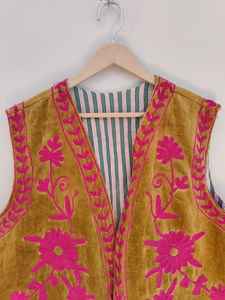 Chaqueta Bomber de Terciopelo Suzani Bordada a Mano, Reversible, Ecológica, Transpirable, de Manga Corta, Diseño Floral, para Invierno - Product Image 2