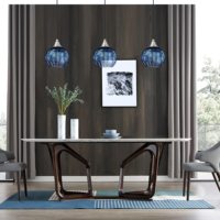 Lampe suspendue moderne en verre et lin bleu avec hauteur réglable. Conversion de couleur 6RGB, adaptée aux chambres à coucher et aux salons