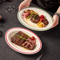 Assiette à poisson en céramique de forme ovale, bord à double ligne, bord épaissi, plat de service rétro pour steak pour restaurant hôtel