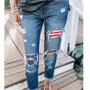 I buchi strappati delle donne europee e americane mostrano <span class=keywords><strong>Jeans</strong></span> e pantaloni sottili stampati a stelle e strisce - Product Image 3